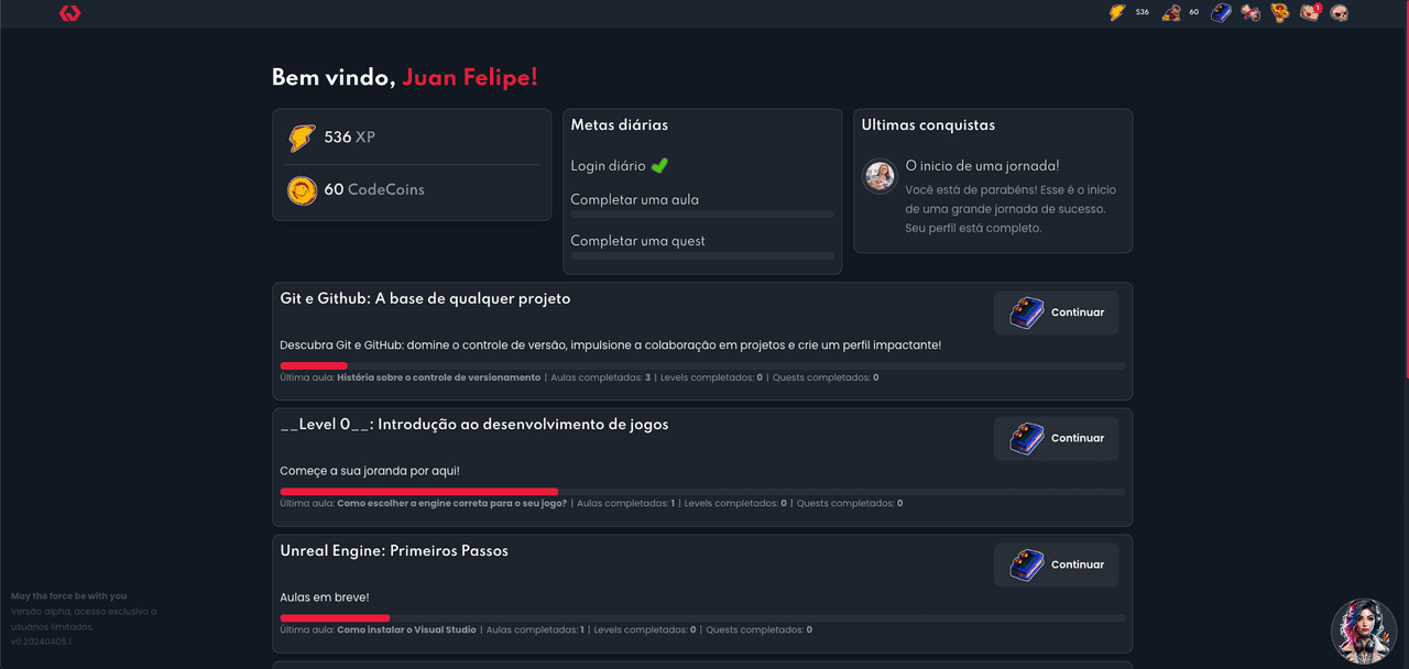 Painel do aluno no Curso Game Dev
